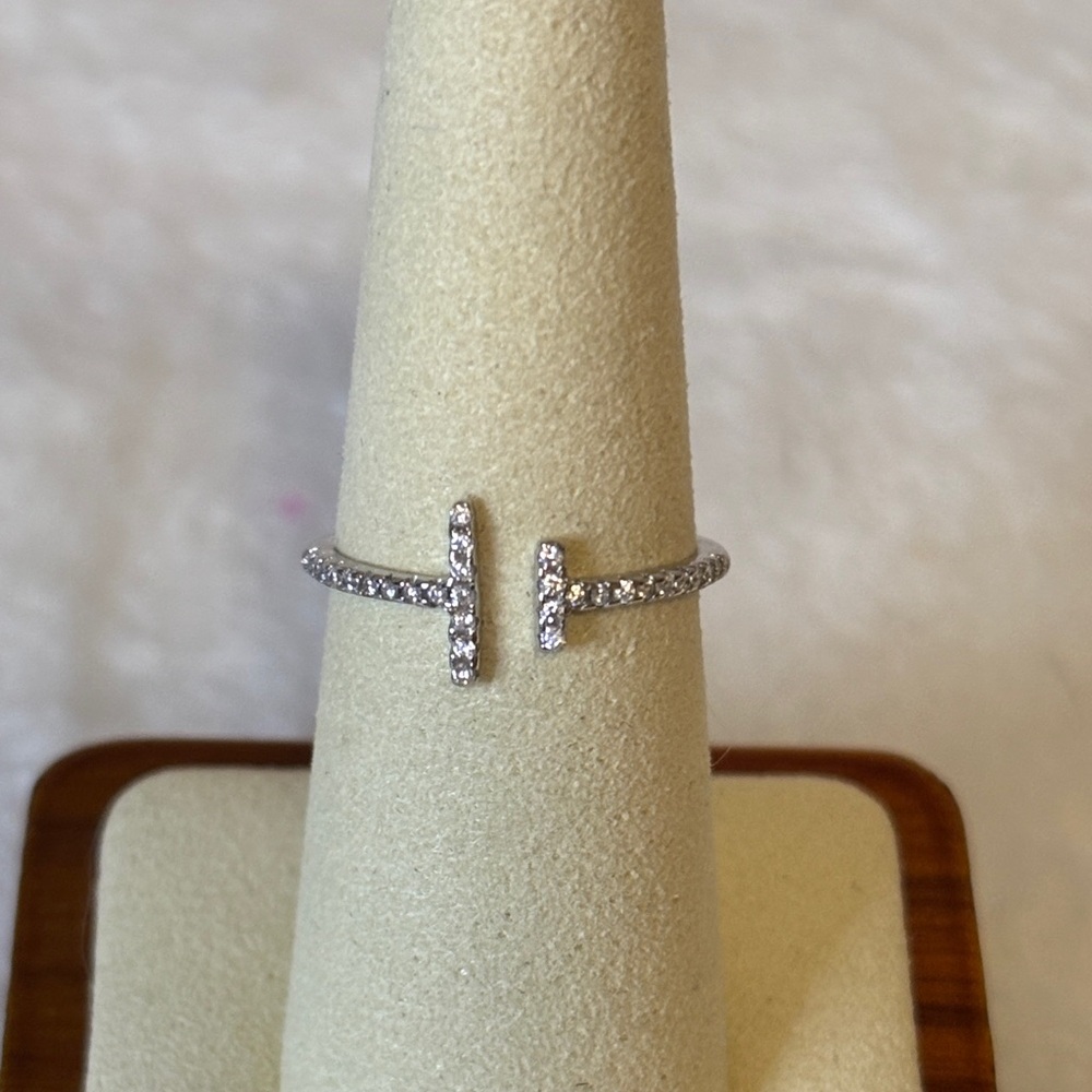 S925 Cubic Zirconia CZ Adjustable Stackable T Sterling Silver Ring